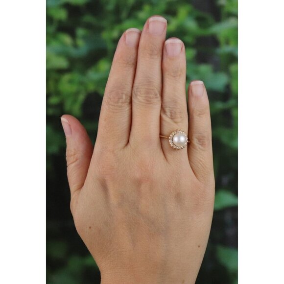 14k Yellow Gold Freshwater Pearl & Diamond Ring Halo Ring Size 6 3/4 - Picture 3 of 9